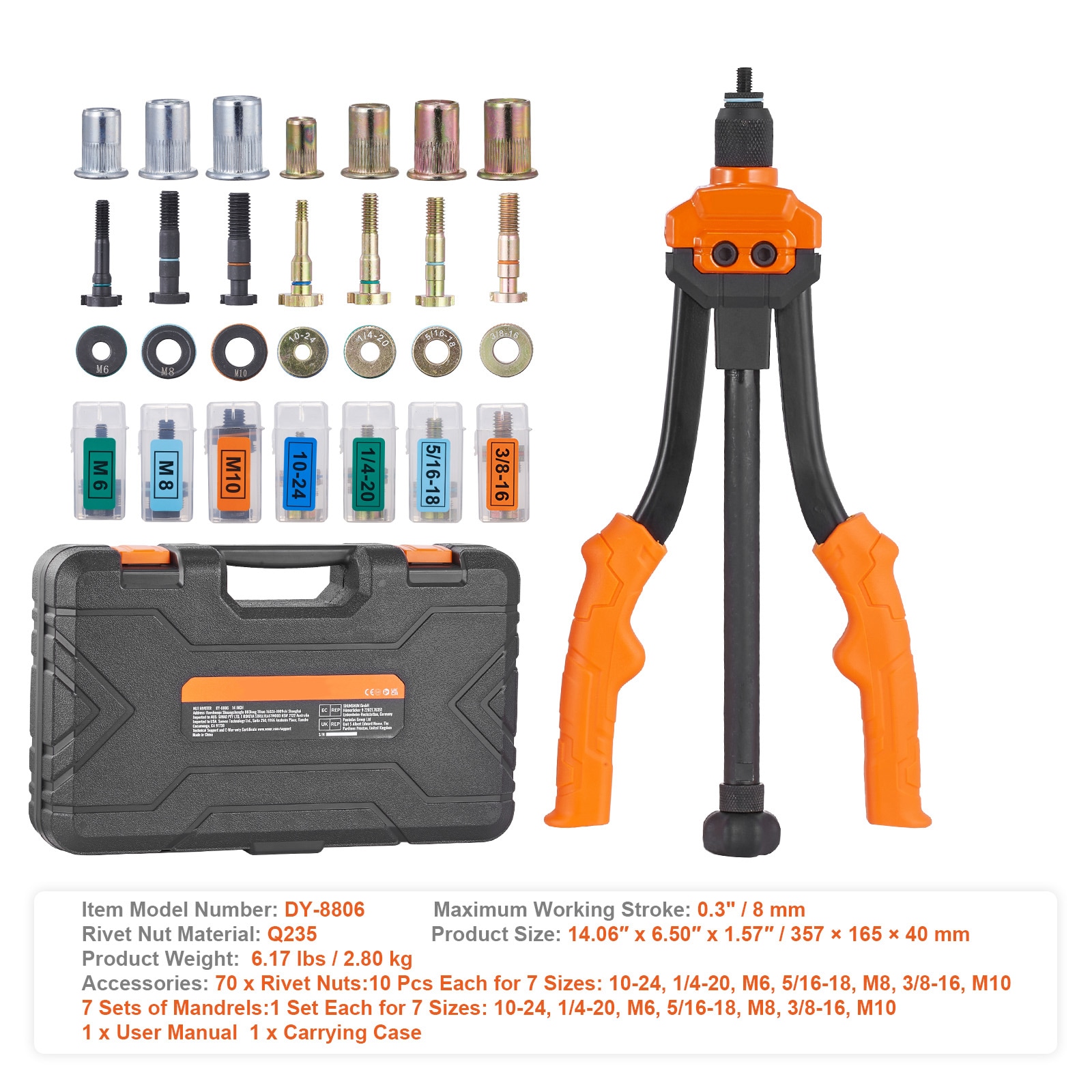 Rivnut Tool Kit With 7 Mandrels And Assorted Rivet Nut Set_voghion.com